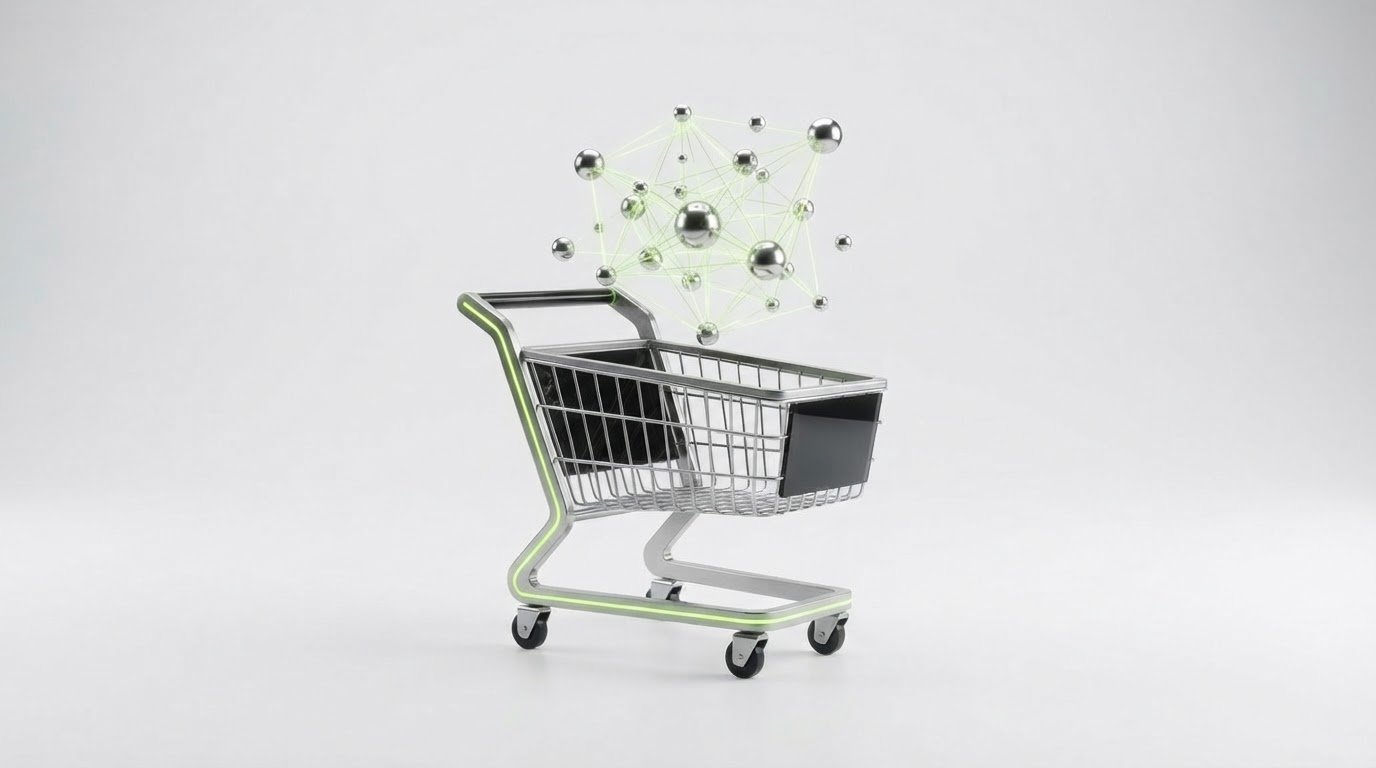 Futuristic brushed-metal shopping cart with a lime green knowledge graph network floating above it