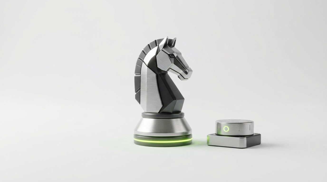 Brushed steel chess knight with a lime green glow beside a metallic control dial, representing SEO strategy